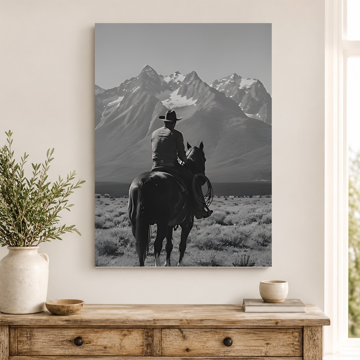 Black White Cowboy Horse Canvas Art Western Mountain Landscape Gift