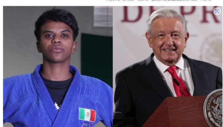 Felicita AMLO a la judoca Prisca Awiti durante la conferencia matutina