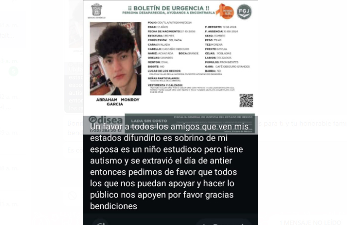 Joven estudiante reportado como desaparecido en Atizapan de Zaragoza, estado de México