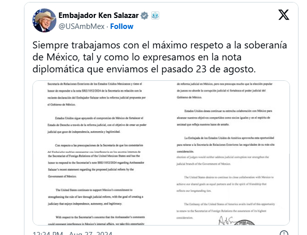 Responde Ken Salazar a pausa de AMLO por Reforma Judicial, “Trabajamos con el máximo respeto a la soberanía de México”