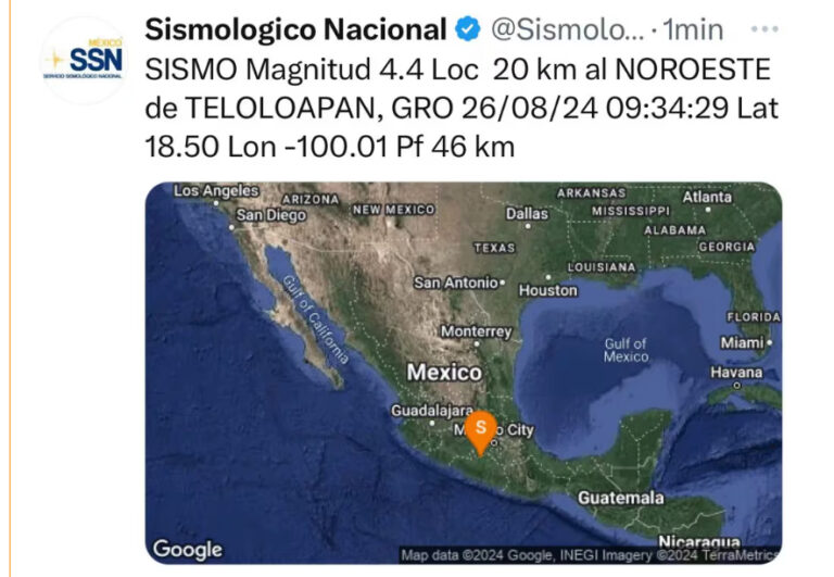 Sismo de 4.4 grados sacudió hoy Teloloapan, Guerrero y al Edo-Mex