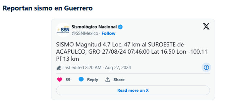 Reportan sismo de magnitud 4.7 sacudió Acapulco, Guerrero