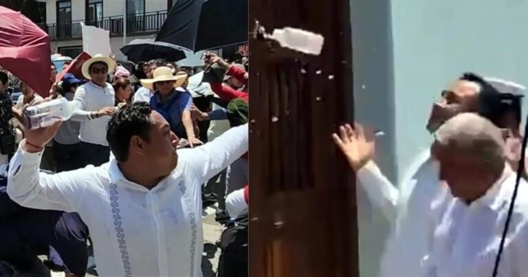 Al grito de “Dictador” agreden con botellas de agua a AMLO en Veracruz