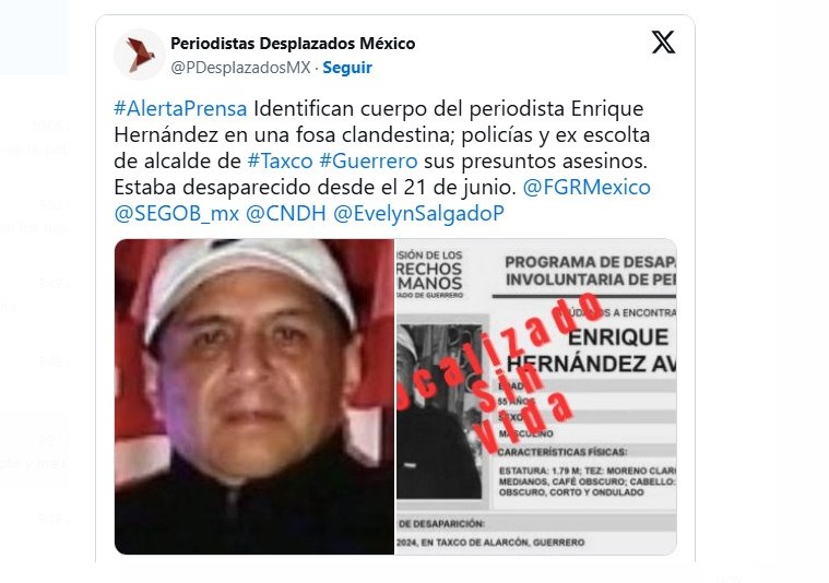 Localizan en fosa clandestina el cuerpo del periodista, Enrique Hernández