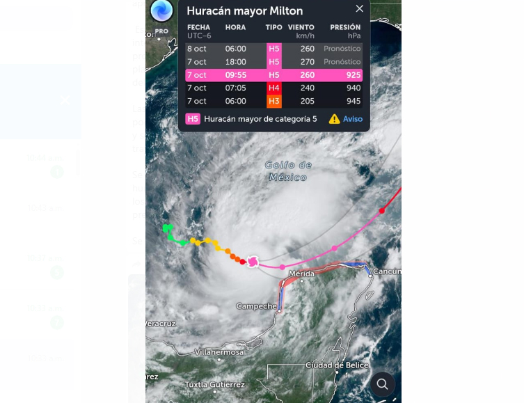Datos recientes de los cazahuracanes indican que Milton continúa fortaleciéndose rápidamente a un huracán categoría 5