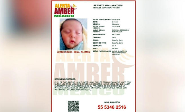 Activan Alerta Amber en todo el país por bebé de tres meses sustraído en Escobedo, NL