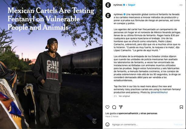 NYT: cárteles mexicanos prueban fentanilo en personas y animales