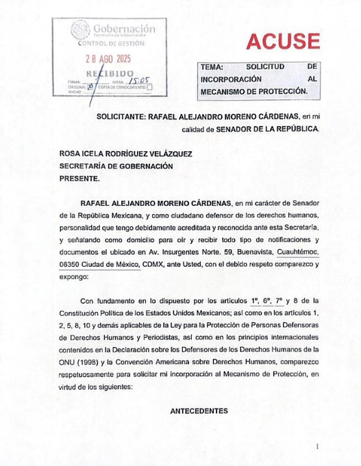 «Alito» Moreno presentó solicitud formal de incorporación al Mecanismo de Protección