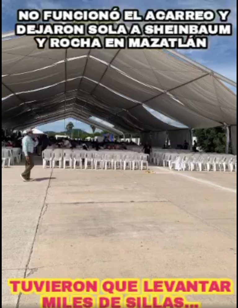 Falla acarreo; sobran sillas a Sheinbaum en su visita a Mazatlán, Sinaloa