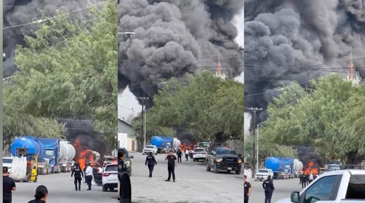 Incendio consume una empresa y pipas con combustible, en Escobedo, Nuevo León