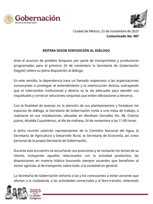 Segob convoca a transportistas y agricultores a mesas de dialogo