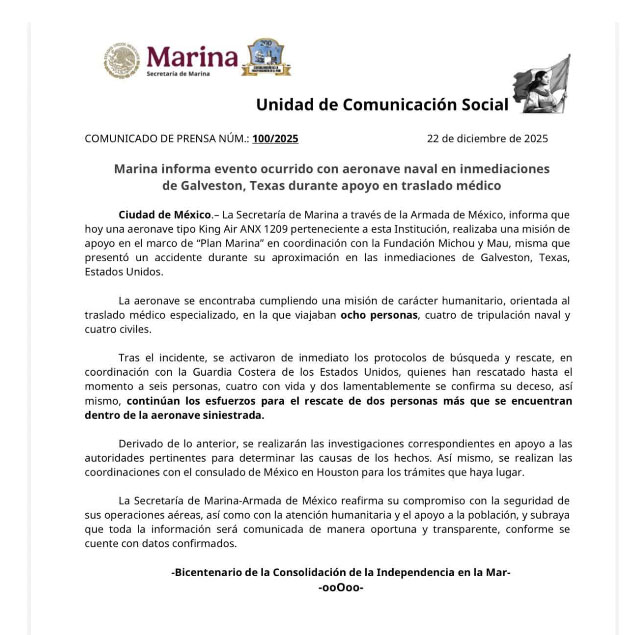 Sheinbaum envía condolencias a familiares de fallecidos en accidente de avioneta de la Marina en Texas