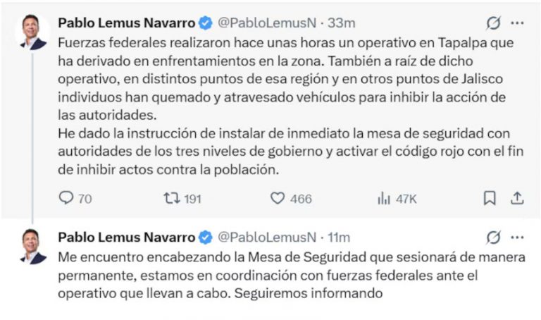Pablo Lemus gobernador de Jalisco encabeza mesa de seguridad, por violencia en la entidad