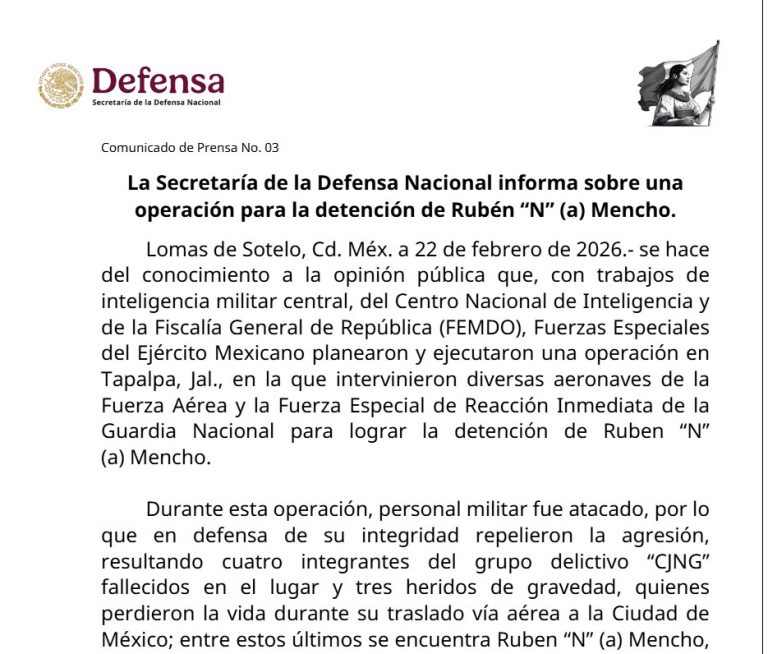 DEFENSA confirma la muerte del «Mencho»