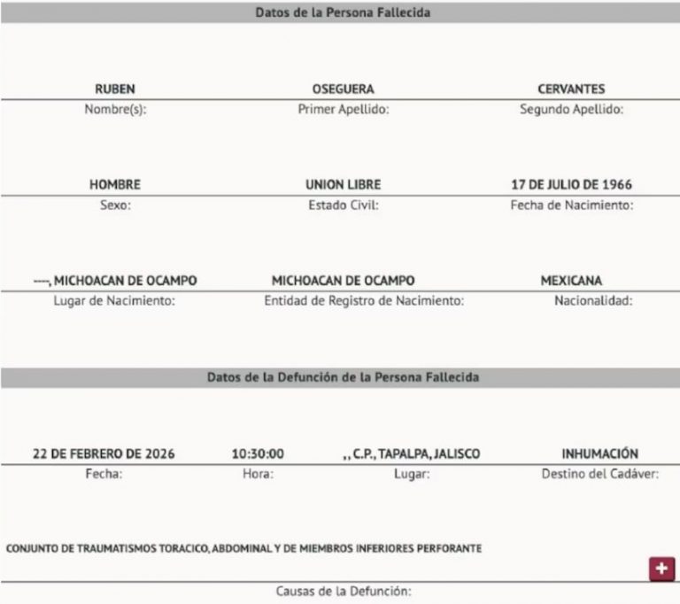 Acta de defunción confirma que “El Mencho” murió por múltiples disparos en Tapalpa
