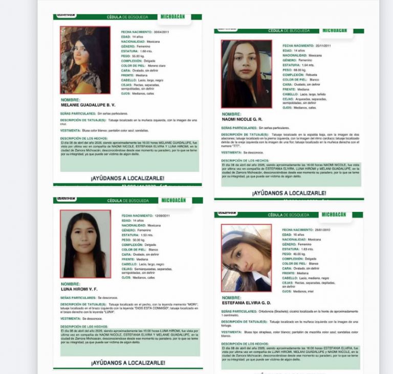 Cuatro menores de edad se encuentran desaparecidas en Zamora, Michoacán