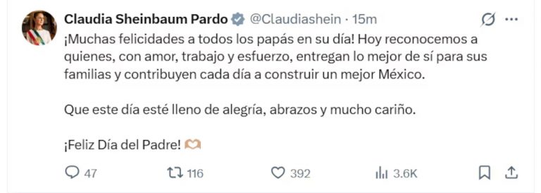 Emotivo mensaje de Claudia Sheinbaum por el Día del Padre, “construyen un mejor México”