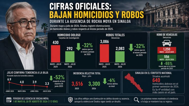 Cifras oficiales revelan caída en delitos durante la ausencia de Rocha Moya en Sinaloa