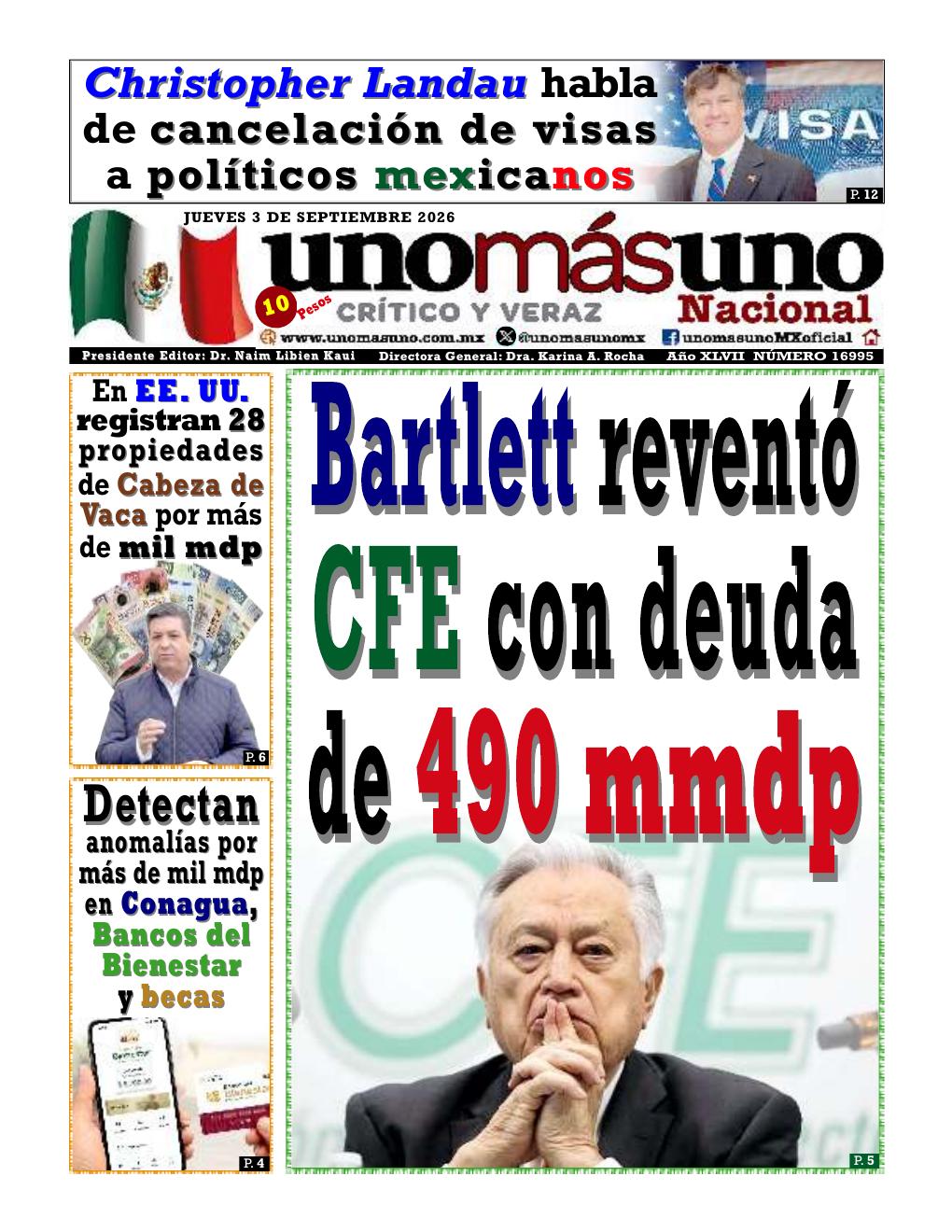 Portada de UNOMÁSUNO, edición del 3 de septiembre de 2026