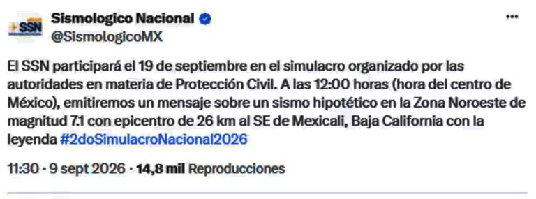 Simulacro Nacional septiembre 2026: qué dirá el mensaje sobre un sismo hipotético del SSN