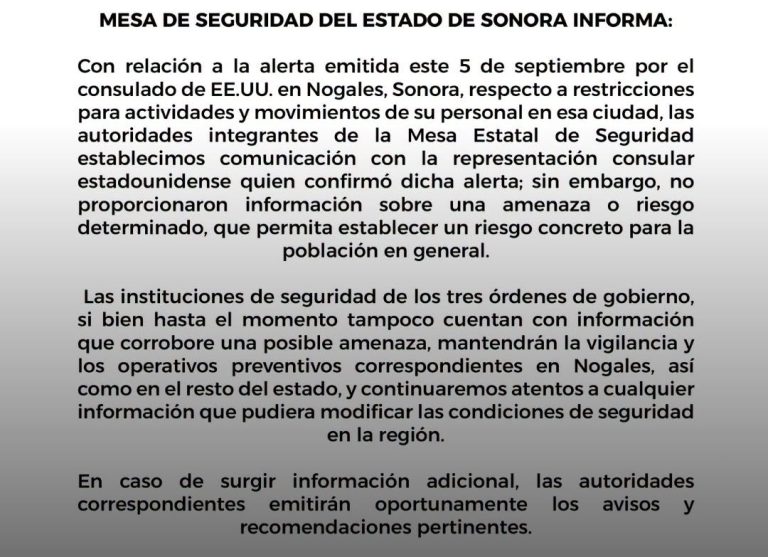 EEUU alertó de riesgo en Nogales, Sonora