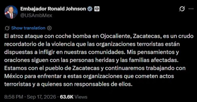 David Monreal presume avance en seguridad; el embajador de EEUU le recuerda el coche bomba, en Zacatecas