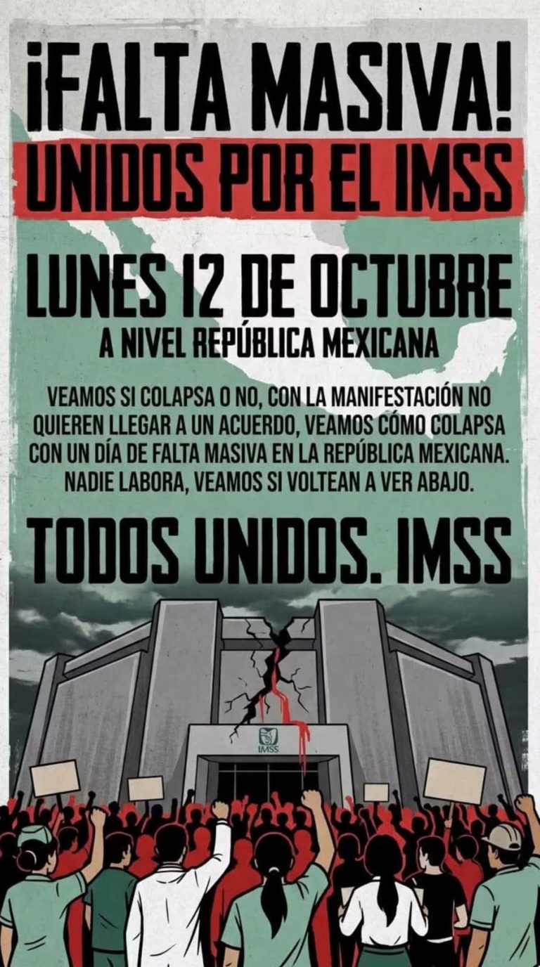 Trabajadores del IMSS anuncian falta masiva para hoy lunes 12 de octubre